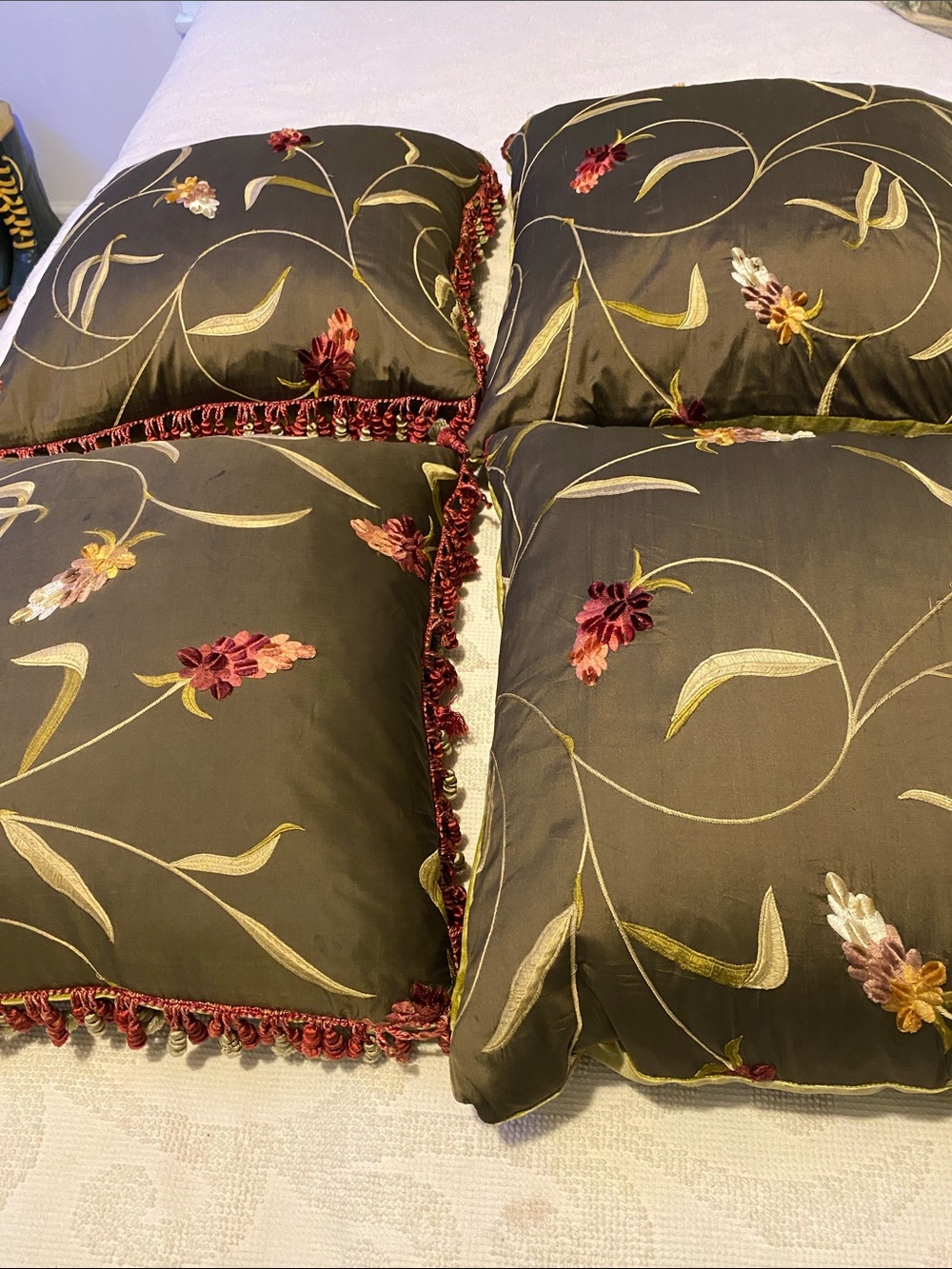 Decorative Floral Embroidered Throw Pillows in Olive Green . Includes four.